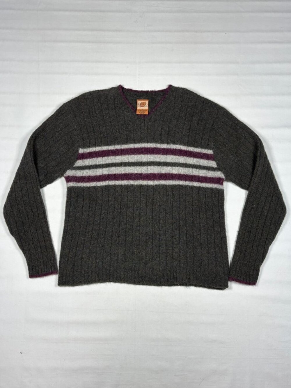 VTG 90s Fargo Shetland Wool Striped Ribbed V-Neck Sweater Charcoal Grey Mens M